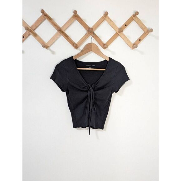 American Eagle Keyhole Tie Front Black Ribbed Crop Top - Size M - Picture 1 of 5